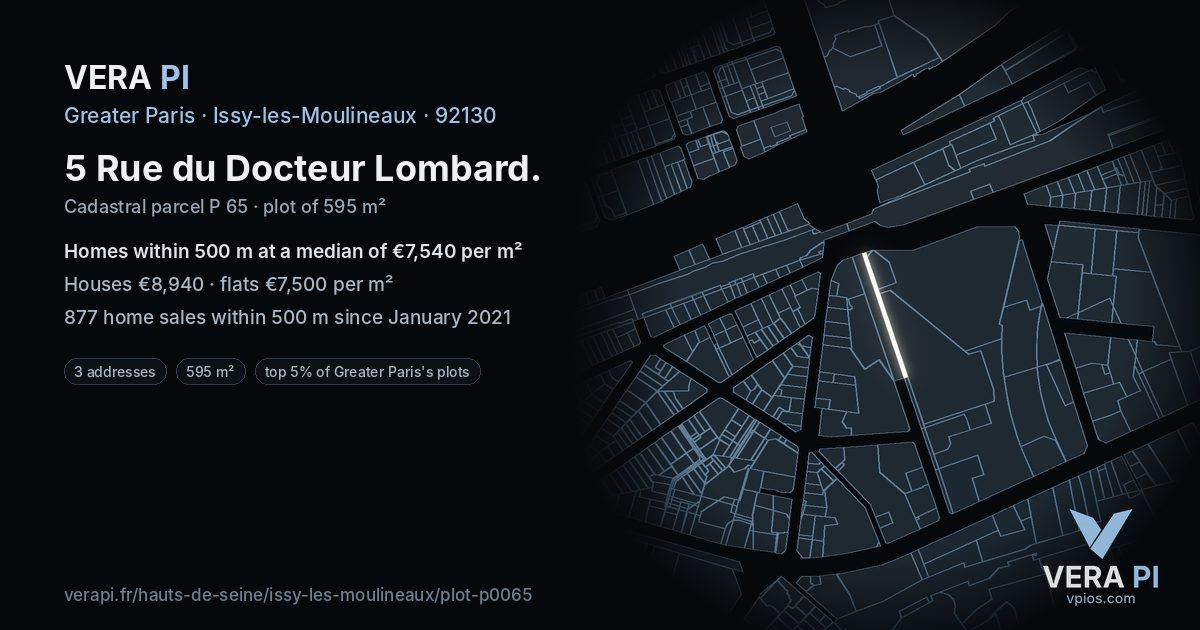 5 Rue du Docteur Lombard, Issy-les-Moulineaux at night – the plot lit, the parcels around coloured by the prices near them
