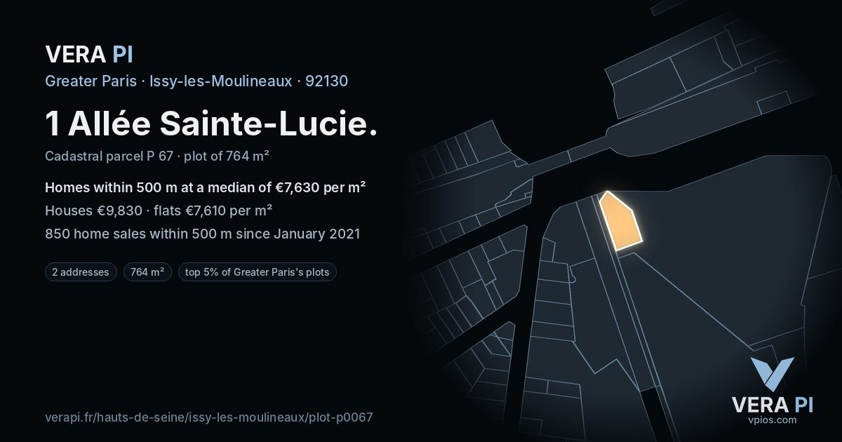 1 Allée Sainte-Lucie, Issy-les-Moulineaux at night – the plot lit, the parcels around coloured by the prices near them