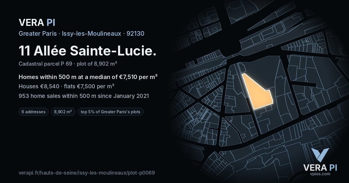 11 Allée Sainte-Lucie, Issy-les-Moulineaux at night – the plot lit, the parcels around coloured by the prices near them