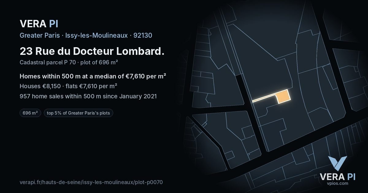 23 Rue du Docteur Lombard, Issy-les-Moulineaux at night – the plot lit, the parcels around coloured by the prices near them