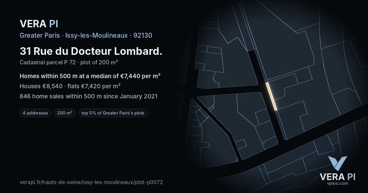 31 Rue du Docteur Lombard, Issy-les-Moulineaux at night – the plot lit, the parcels around coloured by the prices near them