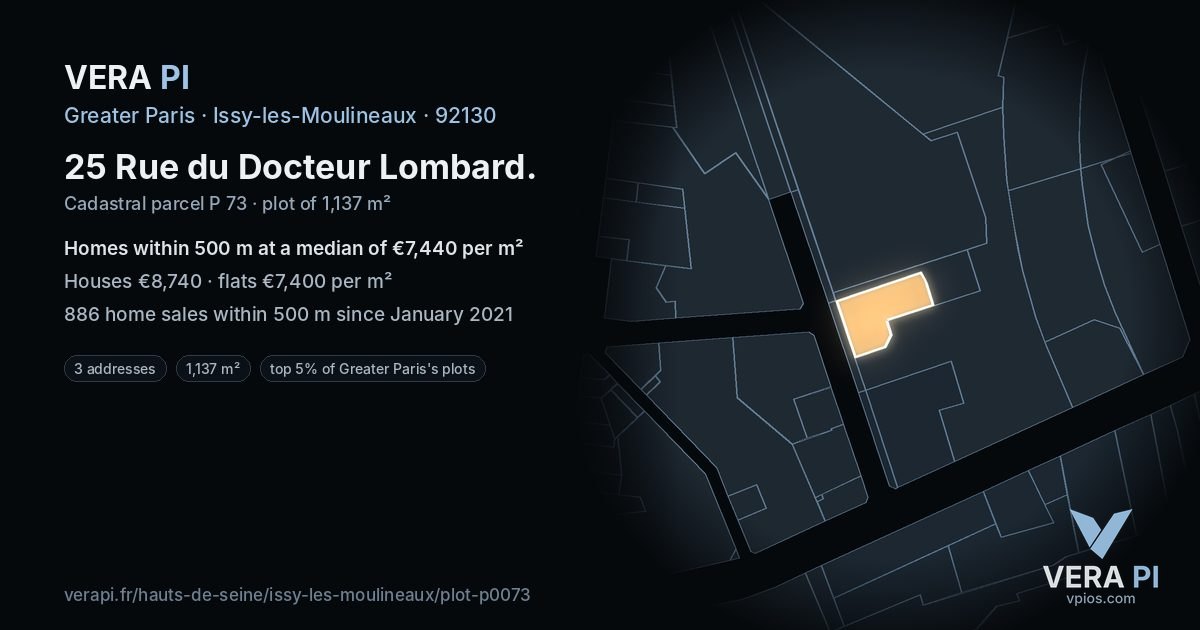 25 Rue du Docteur Lombard, Issy-les-Moulineaux at night – the plot lit, the parcels around coloured by the prices near them