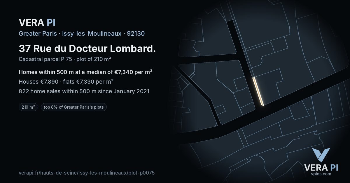 37 Rue du Docteur Lombard, Issy-les-Moulineaux at night – the plot lit, the parcels around coloured by the prices near them