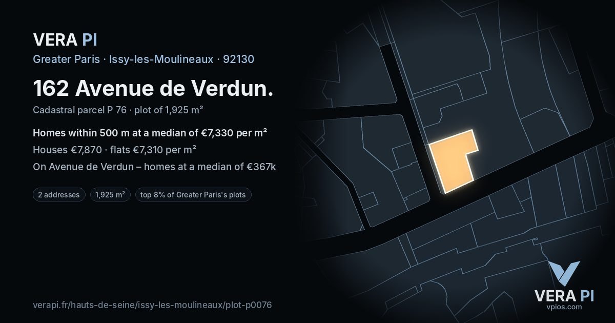 162 Avenue de Verdun, Issy-les-Moulineaux at night – the plot lit, the parcels around coloured by the prices near them