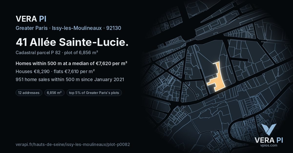 41 Allée Sainte-Lucie, Issy-les-Moulineaux at night – the plot lit, the parcels around coloured by the prices near them