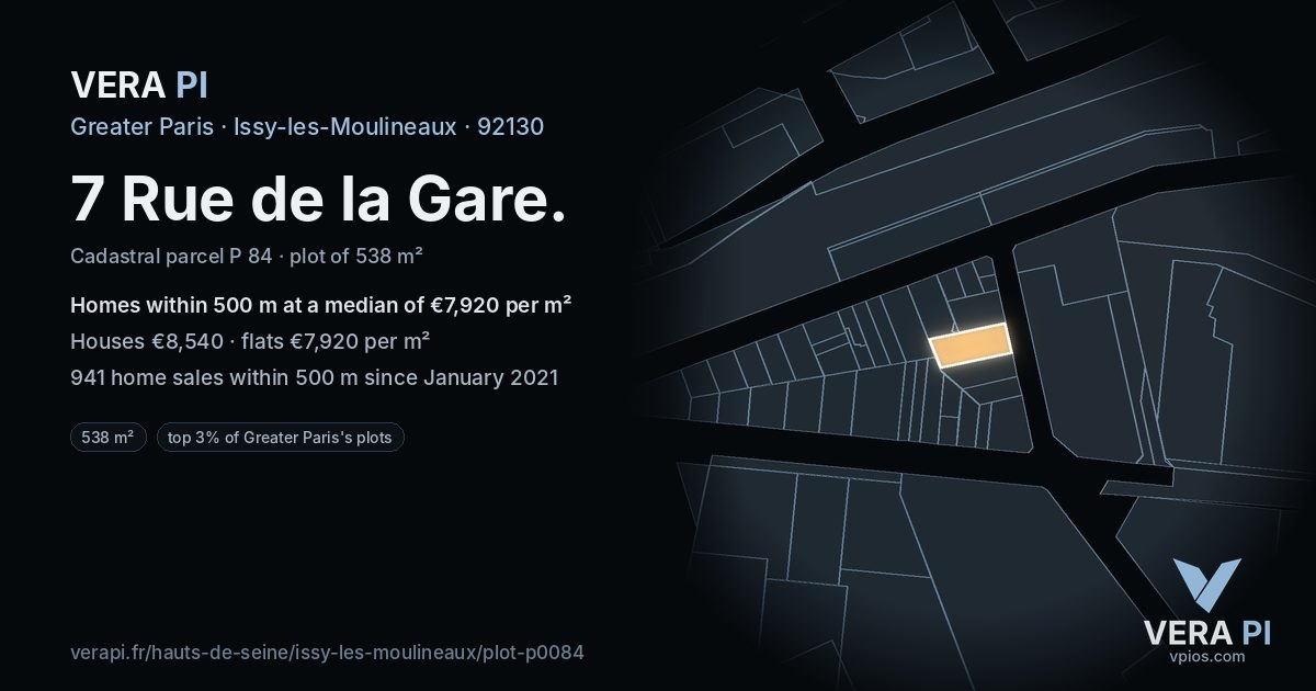 7 Rue de la Gare, Issy-les-Moulineaux at night – the plot lit, the parcels around coloured by the prices near them