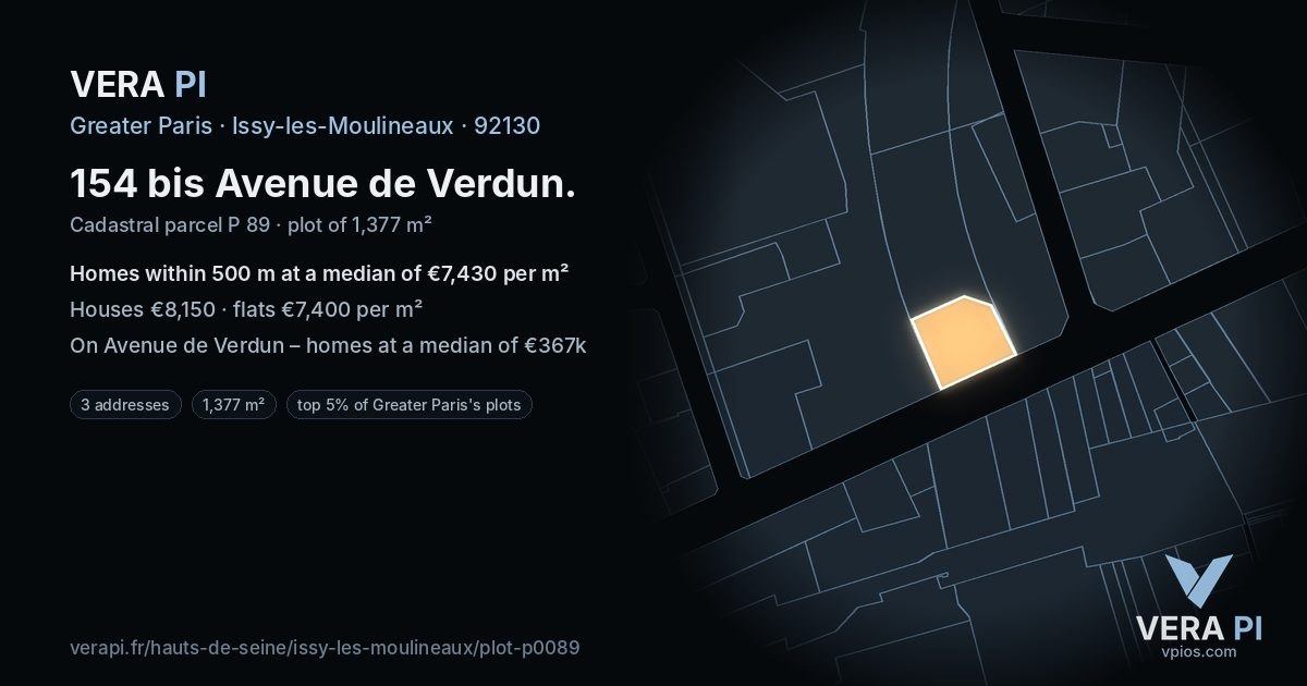 154 bis Avenue de Verdun, Issy-les-Moulineaux at night – the plot lit, the parcels around coloured by the prices near them