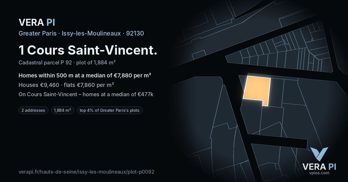 1 Cours Saint-Vincent, Issy-les-Moulineaux at night – the plot lit, the parcels around coloured by the prices near them