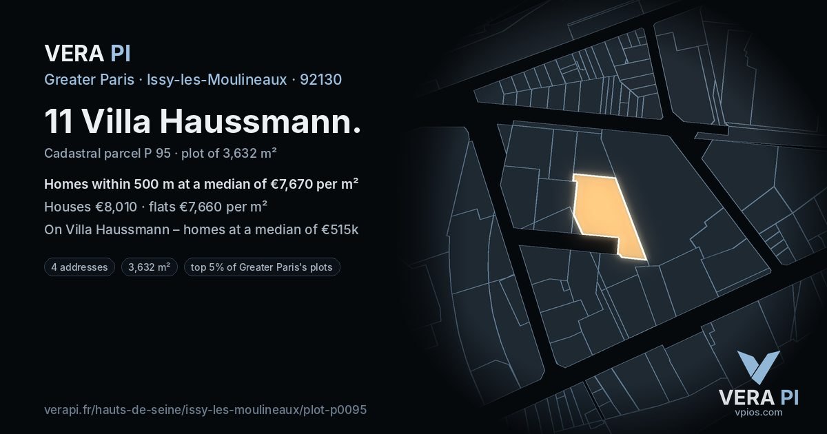 11 Villa Haussmann, Issy-les-Moulineaux at night – the plot lit, the parcels around coloured by the prices near them