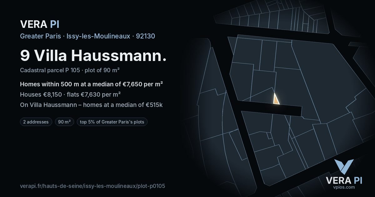 9 Villa Haussmann, Issy-les-Moulineaux at night – the plot lit, the parcels around coloured by the prices near them
