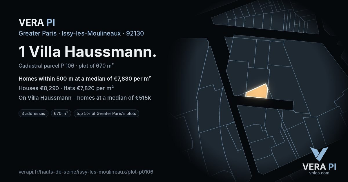 1 Villa Haussmann, Issy-les-Moulineaux at night – the plot lit, the parcels around coloured by the prices near them