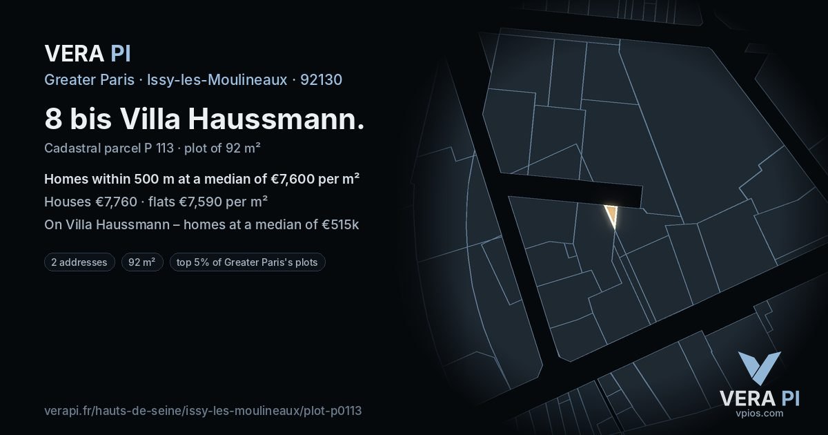 8 bis Villa Haussmann, Issy-les-Moulineaux at night – the plot lit, the parcels around coloured by the prices near them