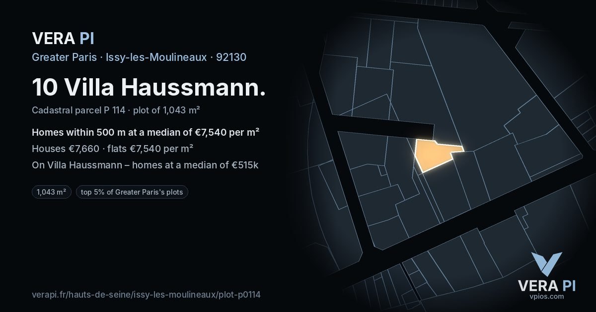 10 Villa Haussmann, Issy-les-Moulineaux at night – the plot lit, the parcels around coloured by the prices near them