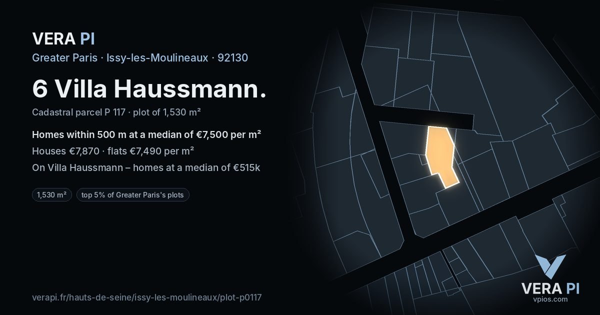 6 Villa Haussmann, Issy-les-Moulineaux at night – the plot lit, the parcels around coloured by the prices near them