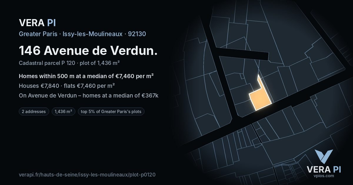 146 Avenue de Verdun, Issy-les-Moulineaux at night – the plot lit, the parcels around coloured by the prices near them