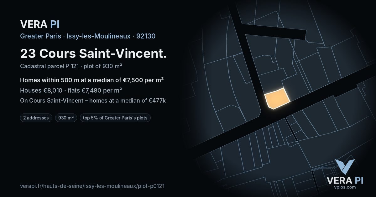 23 Cours Saint-Vincent, Issy-les-Moulineaux at night – the plot lit, the parcels around coloured by the prices near them