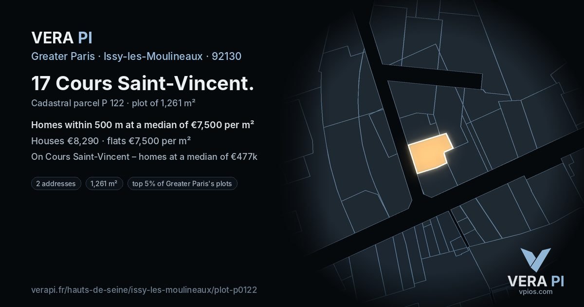17 Cours Saint-Vincent, Issy-les-Moulineaux at night – the plot lit, the parcels around coloured by the prices near them