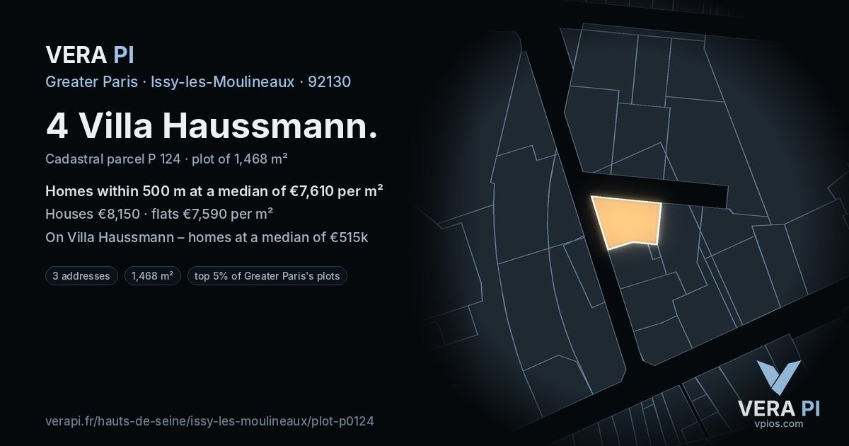 4 Villa Haussmann, Issy-les-Moulineaux at night – the plot lit, the parcels around coloured by the prices near them