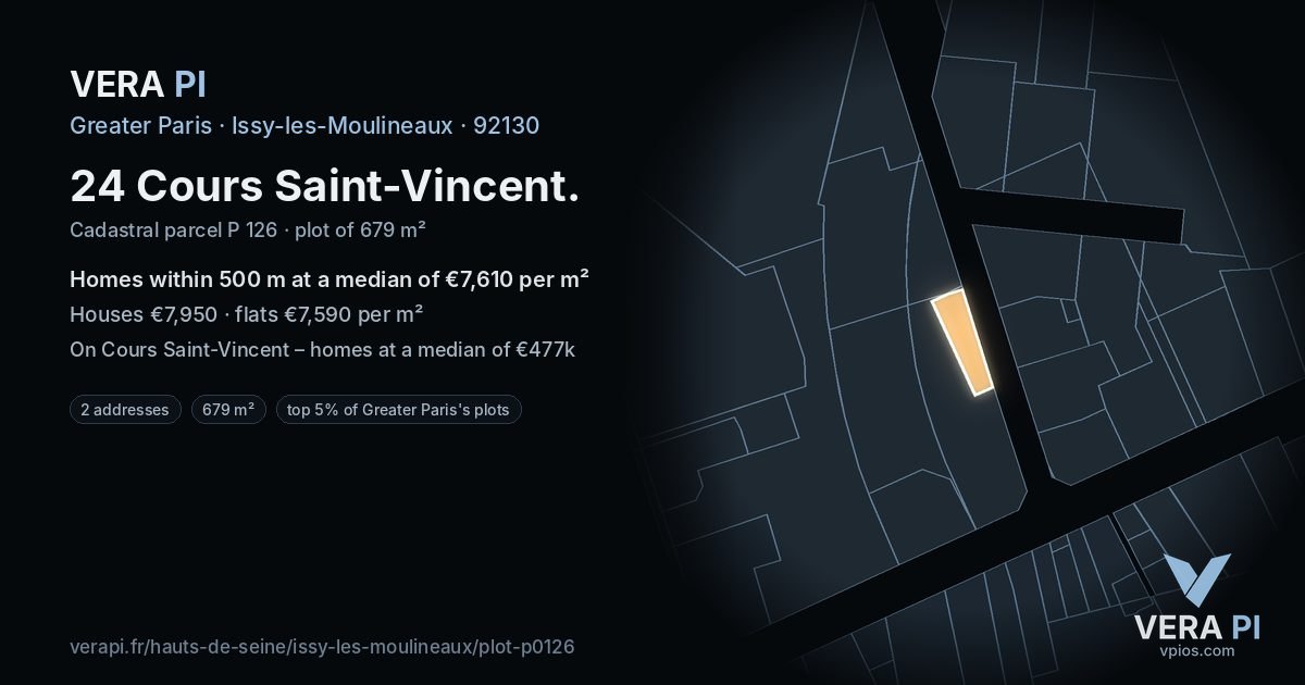 24 Cours Saint-Vincent, Issy-les-Moulineaux at night – the plot lit, the parcels around coloured by the prices near them