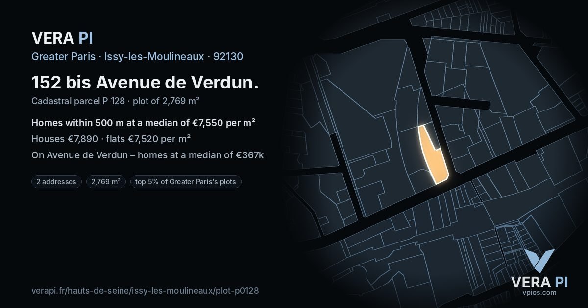152 bis Avenue de Verdun, Issy-les-Moulineaux at night – the plot lit, the parcels around coloured by the prices near them