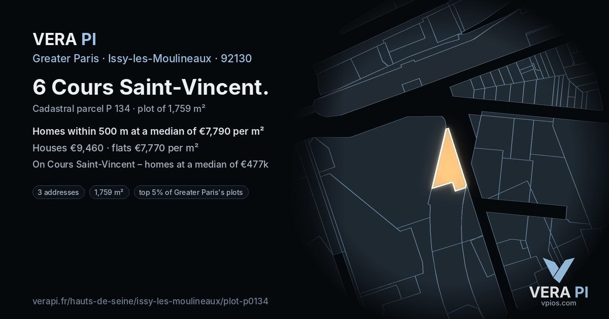 6 Cours Saint-Vincent, Issy-les-Moulineaux at night – the plot lit, the parcels around coloured by the prices near them