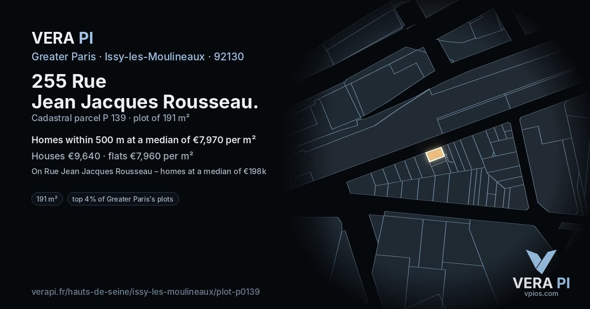 255 Rue Jean Jacques Rousseau, Issy-les-Moulineaux at night – the plot lit, the parcels around coloured by the prices near them