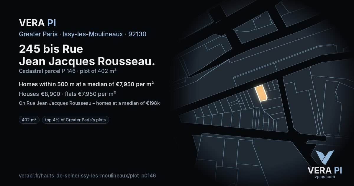 245 bis Rue Jean Jacques Rousseau, Issy-les-Moulineaux at night – the plot lit, the parcels around coloured by the prices near them