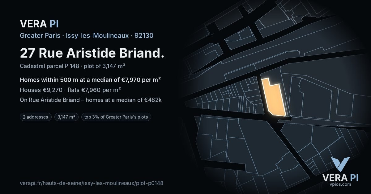 27 Rue Aristide Briand, Issy-les-Moulineaux at night – the plot lit, the parcels around coloured by the prices near them
