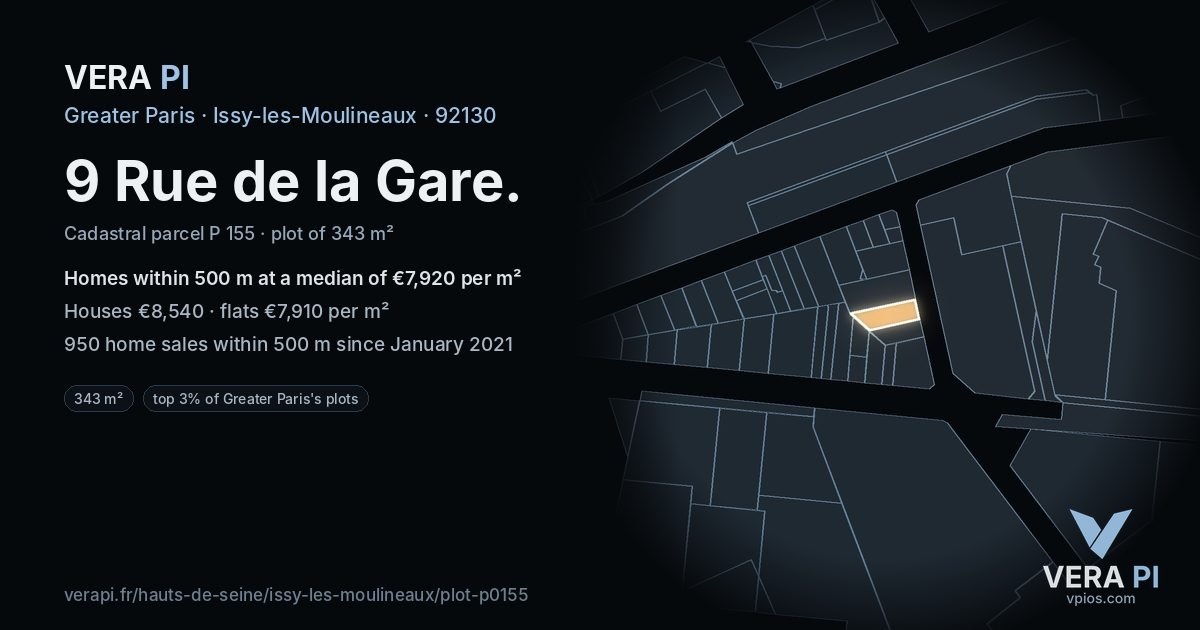 9 Rue de la Gare, Issy-les-Moulineaux at night – the plot lit, the parcels around coloured by the prices near them