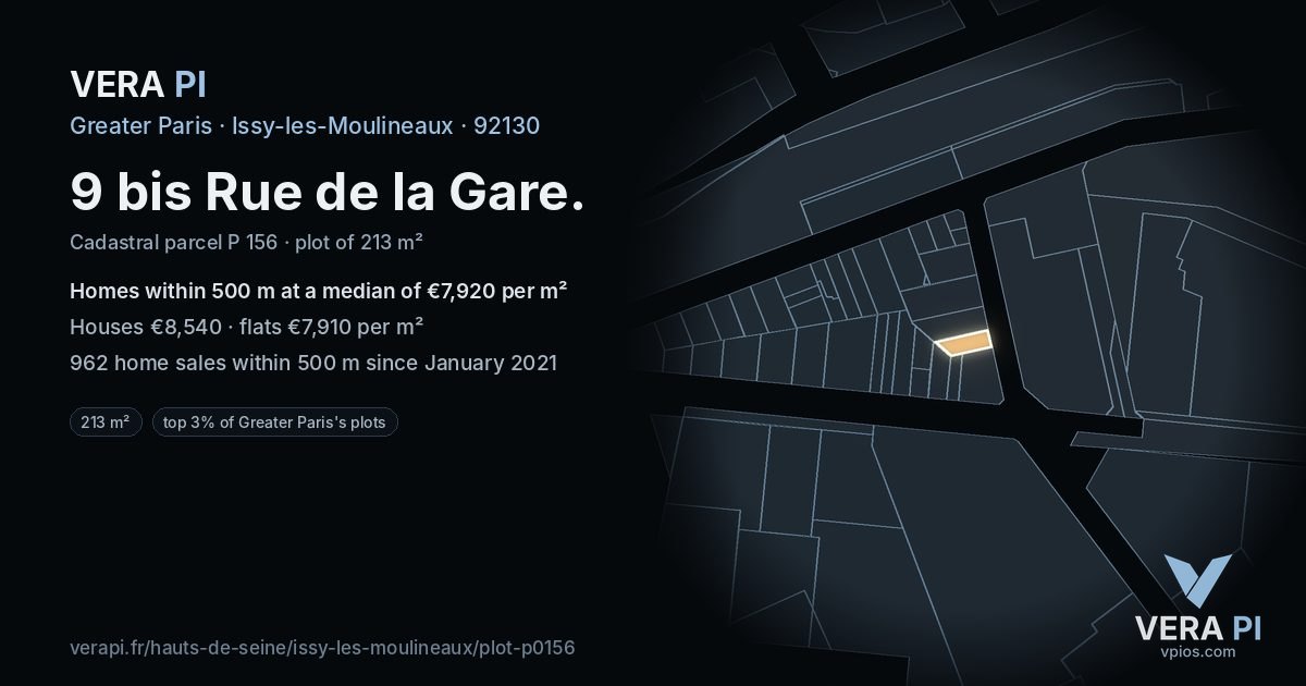 9 bis Rue de la Gare, Issy-les-Moulineaux at night – the plot lit, the parcels around coloured by the prices near them