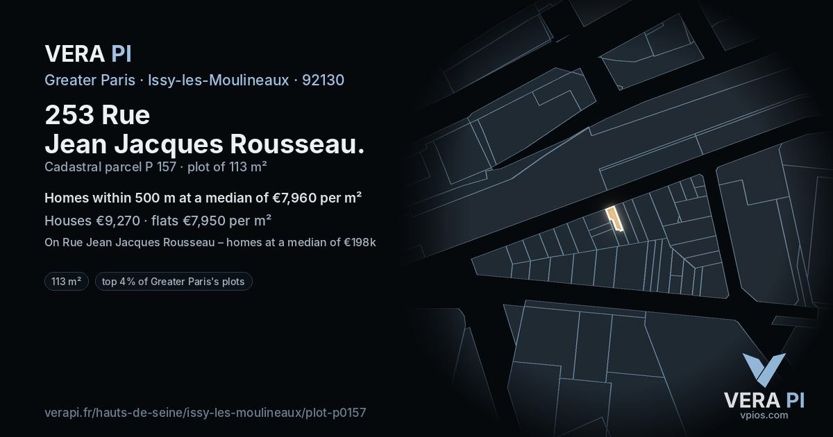 253 Rue Jean Jacques Rousseau, Issy-les-Moulineaux at night – the plot lit, the parcels around coloured by the prices near them