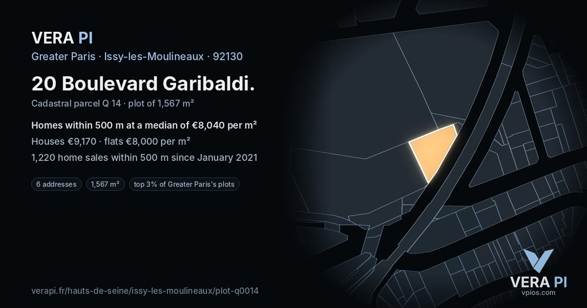 20 Boulevard Garibaldi, Issy-les-Moulineaux at night – the plot lit, the parcels around coloured by the prices near them