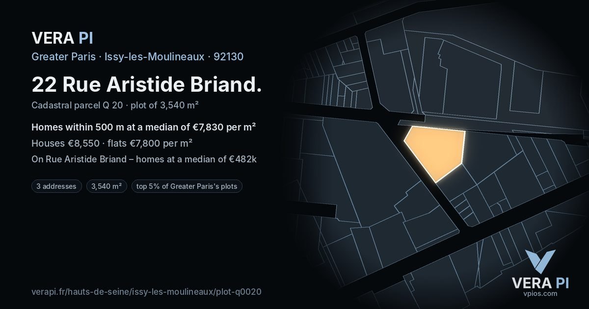 22 Rue Aristide Briand, Issy-les-Moulineaux at night – the plot lit, the parcels around coloured by the prices near them