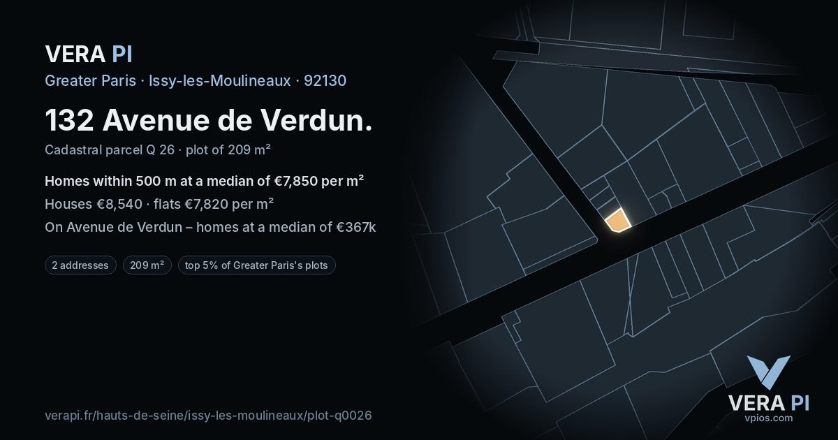 132 Avenue de Verdun, Issy-les-Moulineaux at night – the plot lit, the parcels around coloured by the prices near them