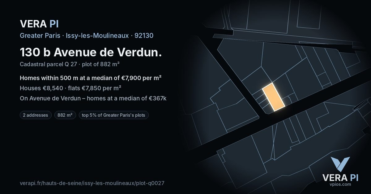 130 b Avenue de Verdun, Issy-les-Moulineaux at night – the plot lit, the parcels around coloured by the prices near them