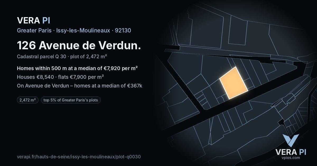126 Avenue de Verdun, Issy-les-Moulineaux at night – the plot lit, the parcels around coloured by the prices near them