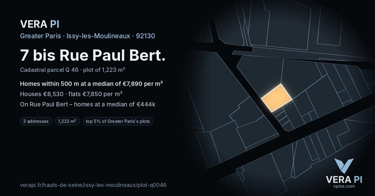 7 bis Rue Paul Bert, Issy-les-Moulineaux at night – the plot lit, the parcels around coloured by the prices near them
