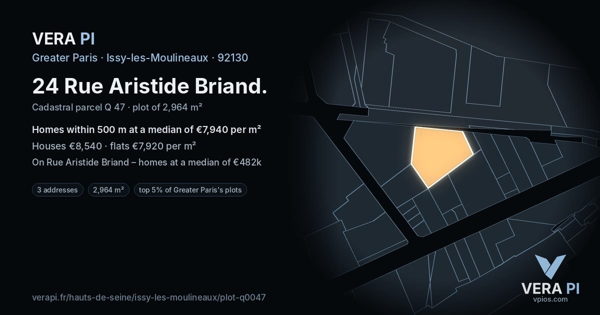 24 Rue Aristide Briand, Issy-les-Moulineaux at night – the plot lit, the parcels around coloured by the prices near them