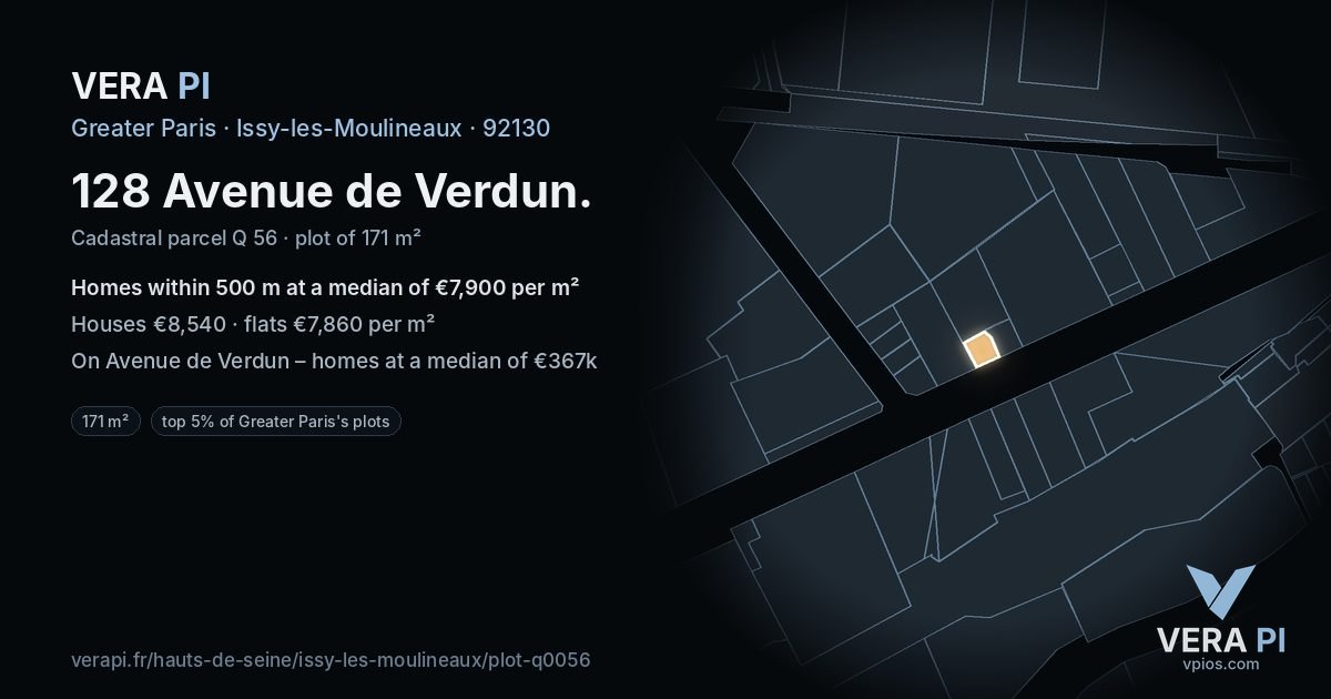 128 Avenue de Verdun, Issy-les-Moulineaux at night – the plot lit, the parcels around coloured by the prices near them