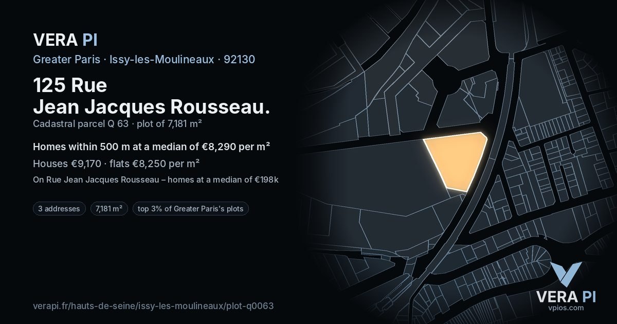 125 Rue Jean Jacques Rousseau, Issy-les-Moulineaux at night – the plot lit, the parcels around coloured by the prices near them