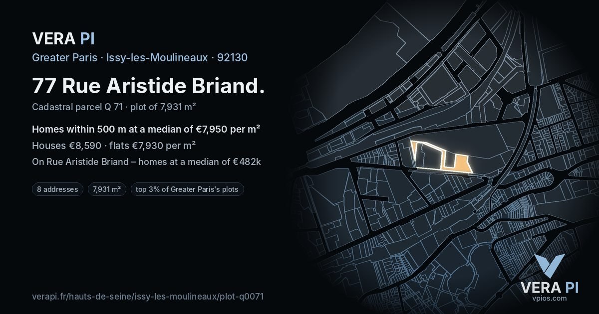 77 Rue Aristide Briand, Issy-les-Moulineaux at night – the plot lit, the parcels around coloured by the prices near them