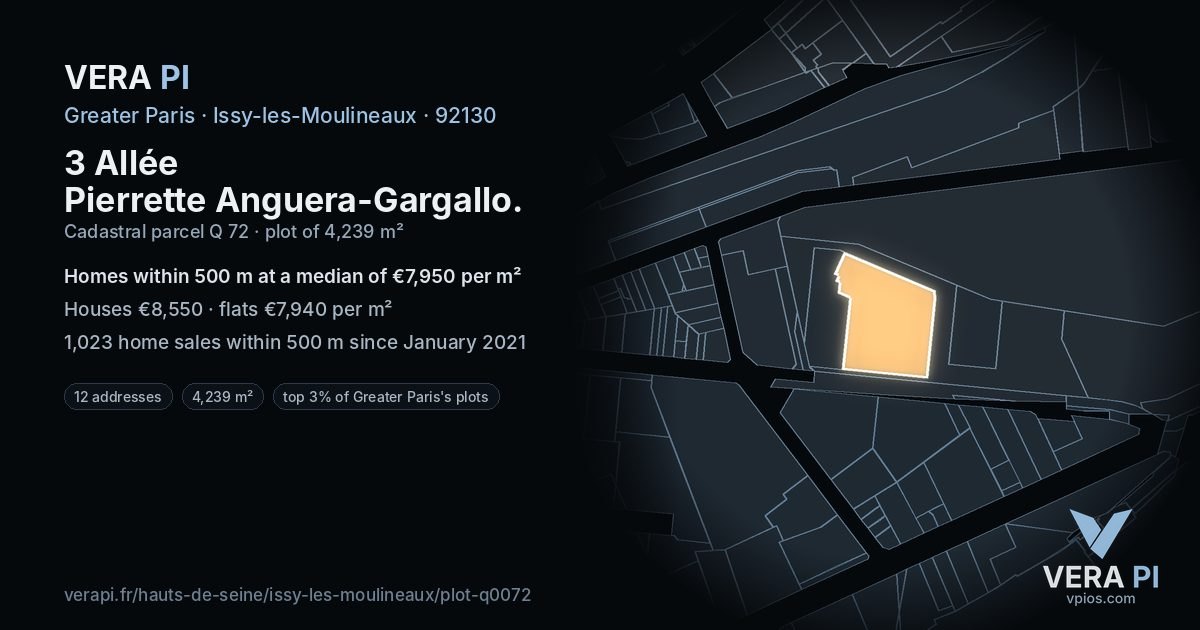 3 Allée Pierrette Anguera-Gargallo, Issy-les-Moulineaux at night – the plot lit, the parcels around coloured by the prices near them