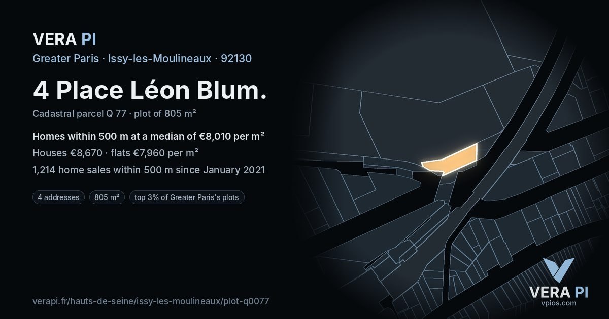 4 Place Léon Blum, Issy-les-Moulineaux at night – the plot lit, the parcels around coloured by the prices near them