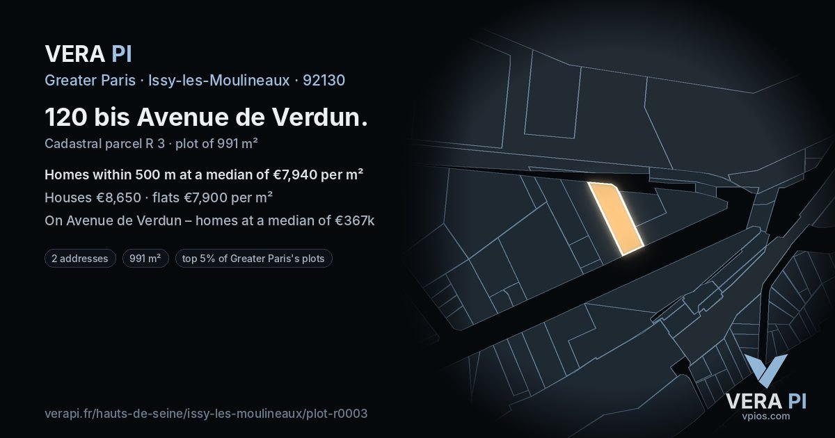 120 bis Avenue de Verdun, Issy-les-Moulineaux at night – the plot lit, the parcels around coloured by the prices near them