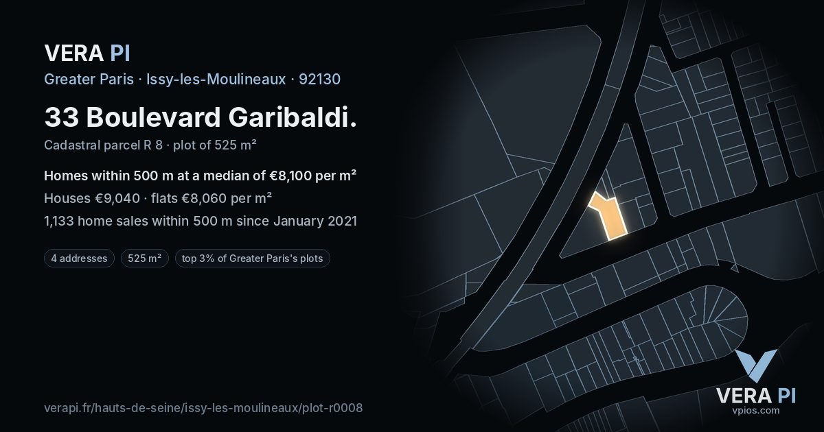 33 Boulevard Garibaldi, Issy-les-Moulineaux at night – the plot lit, the parcels around coloured by the prices near them