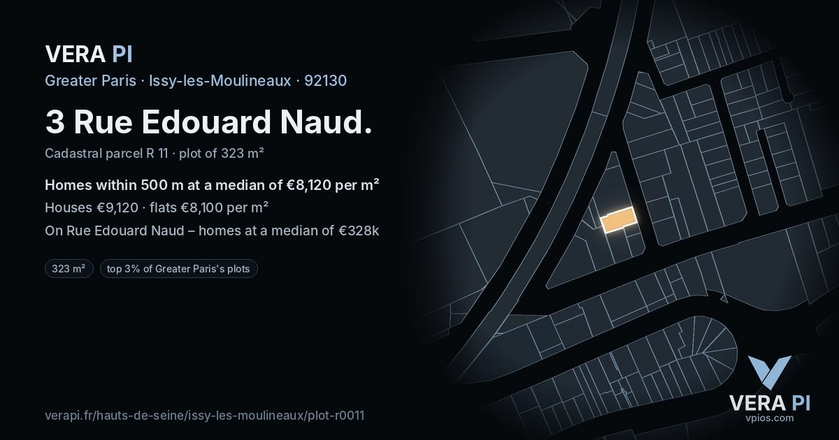 3 Rue Edouard Naud, Issy-les-Moulineaux at night – the plot lit, the parcels around coloured by the prices near them