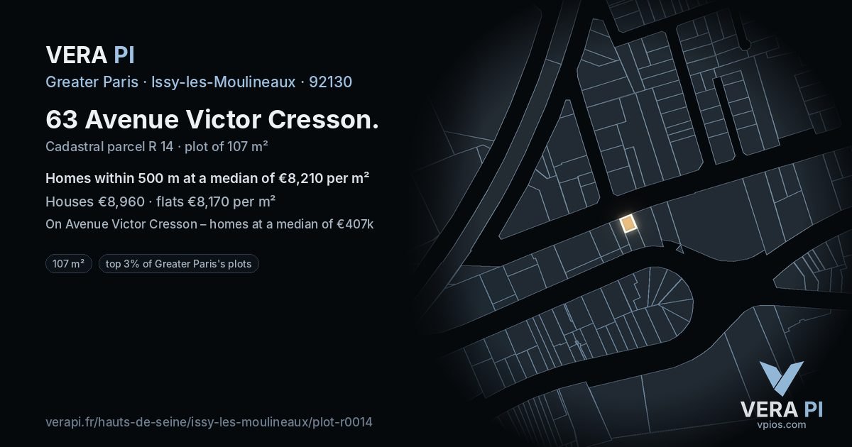 63 Avenue Victor Cresson, Issy-les-Moulineaux at night – the plot lit, the parcels around coloured by the prices near them