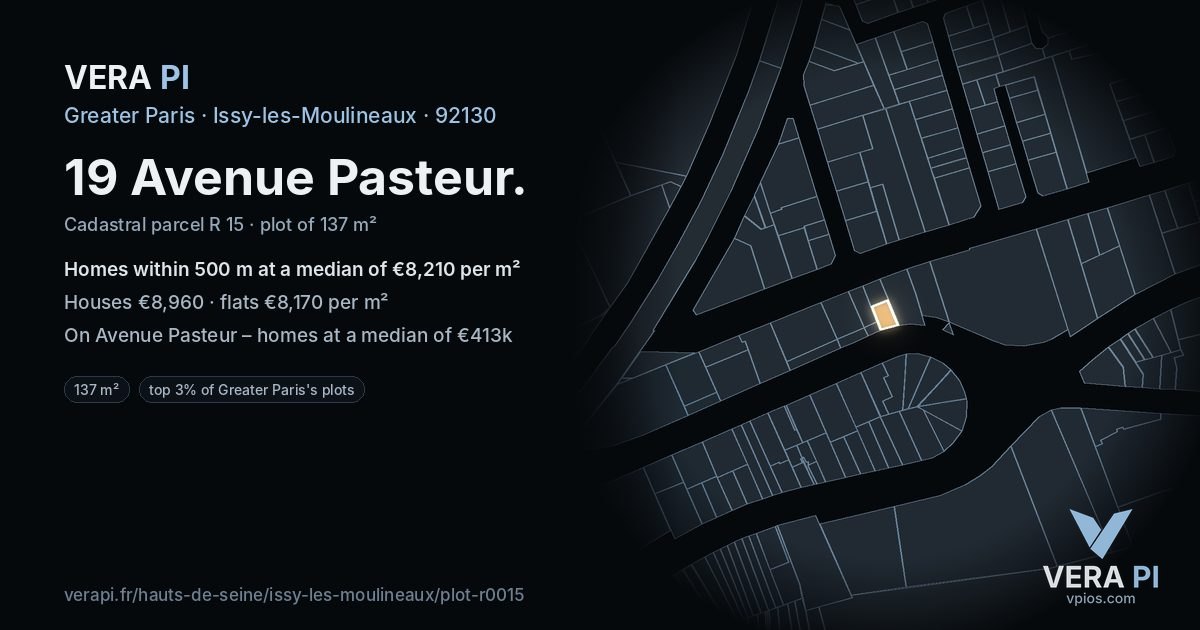 19 Avenue Pasteur, Issy-les-Moulineaux at night – the plot lit, the parcels around coloured by the prices near them