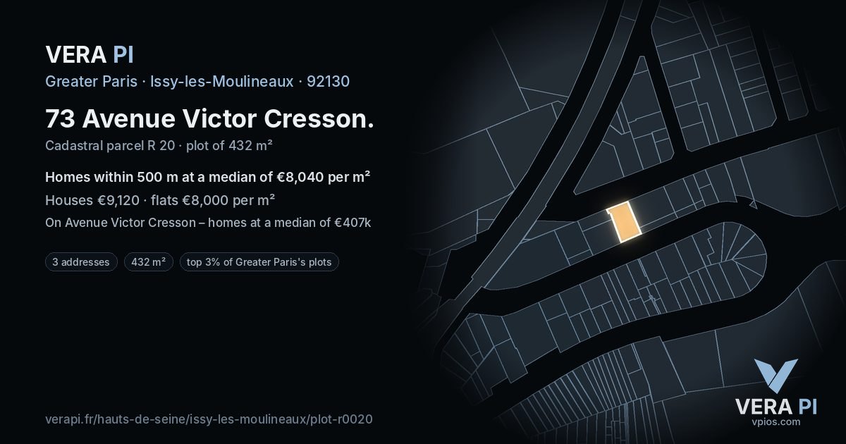 73 Avenue Victor Cresson, Issy-les-Moulineaux at night – the plot lit, the parcels around coloured by the prices near them