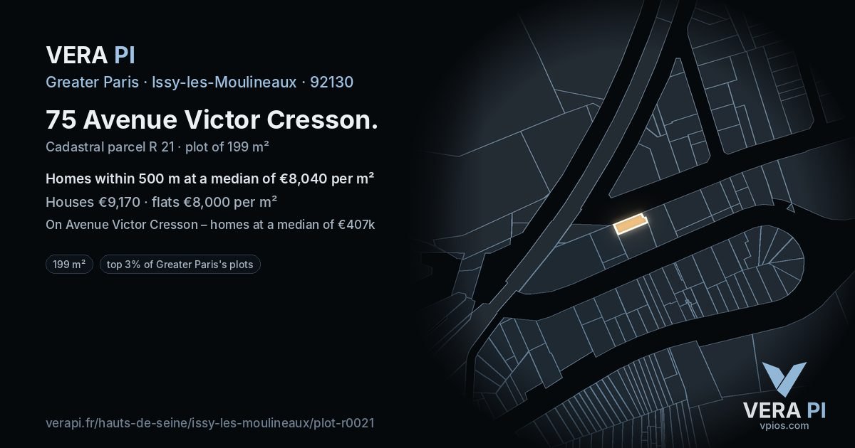 75 Avenue Victor Cresson, Issy-les-Moulineaux at night – the plot lit, the parcels around coloured by the prices near them
